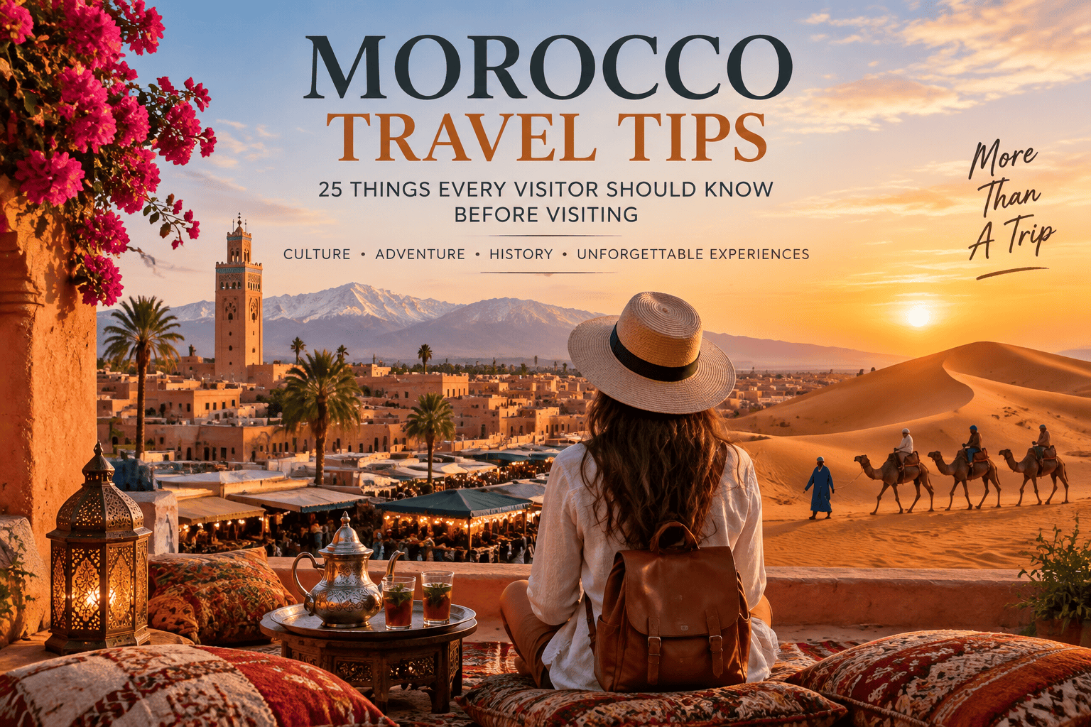 Morocco Travel Mistakes: 12 Problems First-Time Visitors Can Avoid 2 morocco travel tips guide with marrakech city sahara desert and moroccan landscape