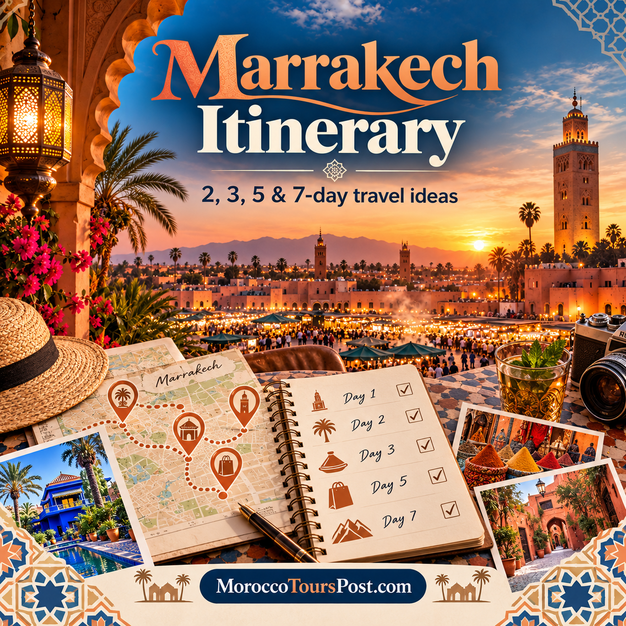 First Trip to Morocco: A Practical Safety Checklist 2 marrakech itinerary guide showing 2 3 5 and 7 day travel plans with attractions and places to visit