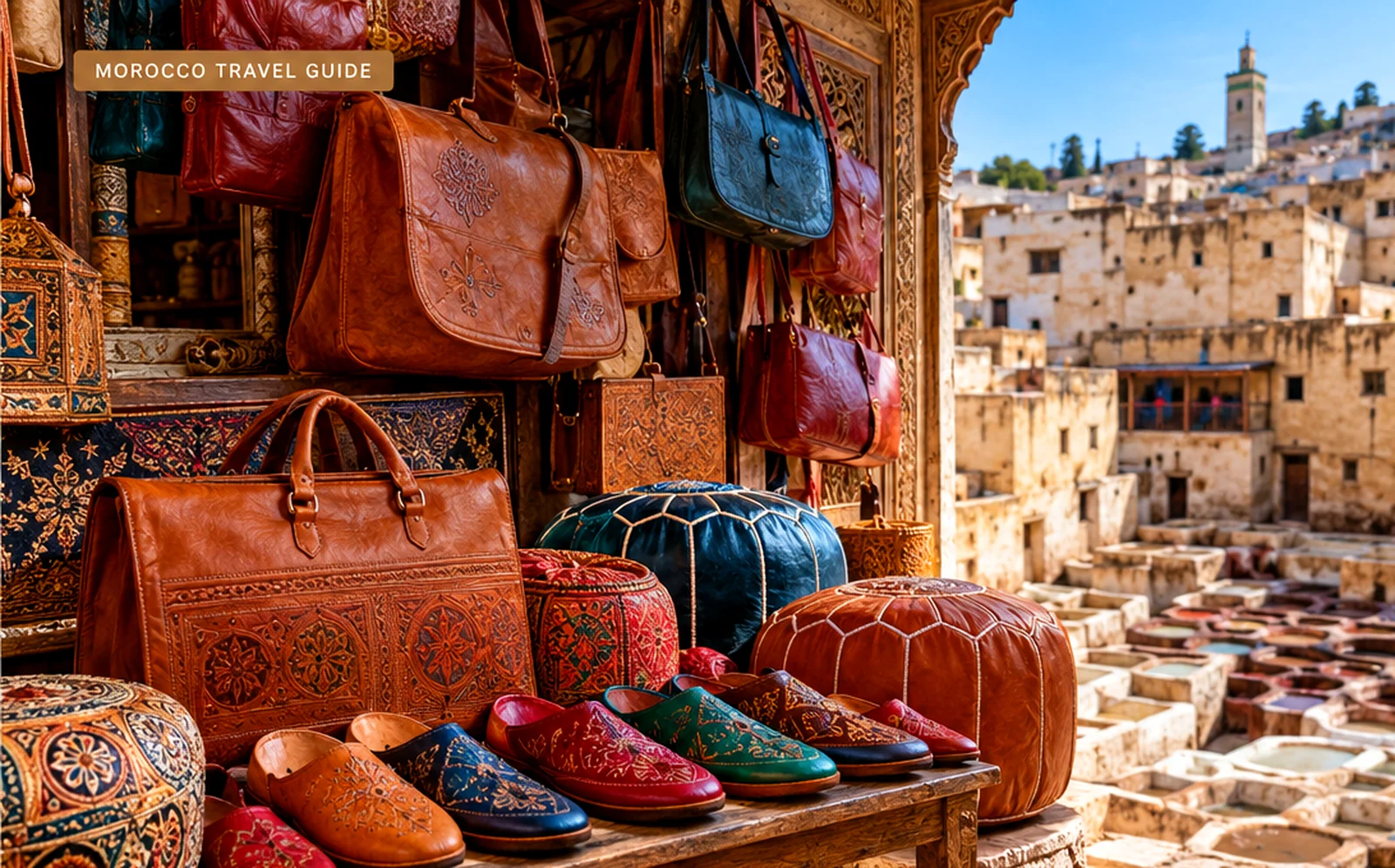 Fes Handicrafts Guide: Traditional Moroccan Crafts to Discover 1 Leather goods in Fes, Morocco, illustrating the city's leather craft and shopping tradition